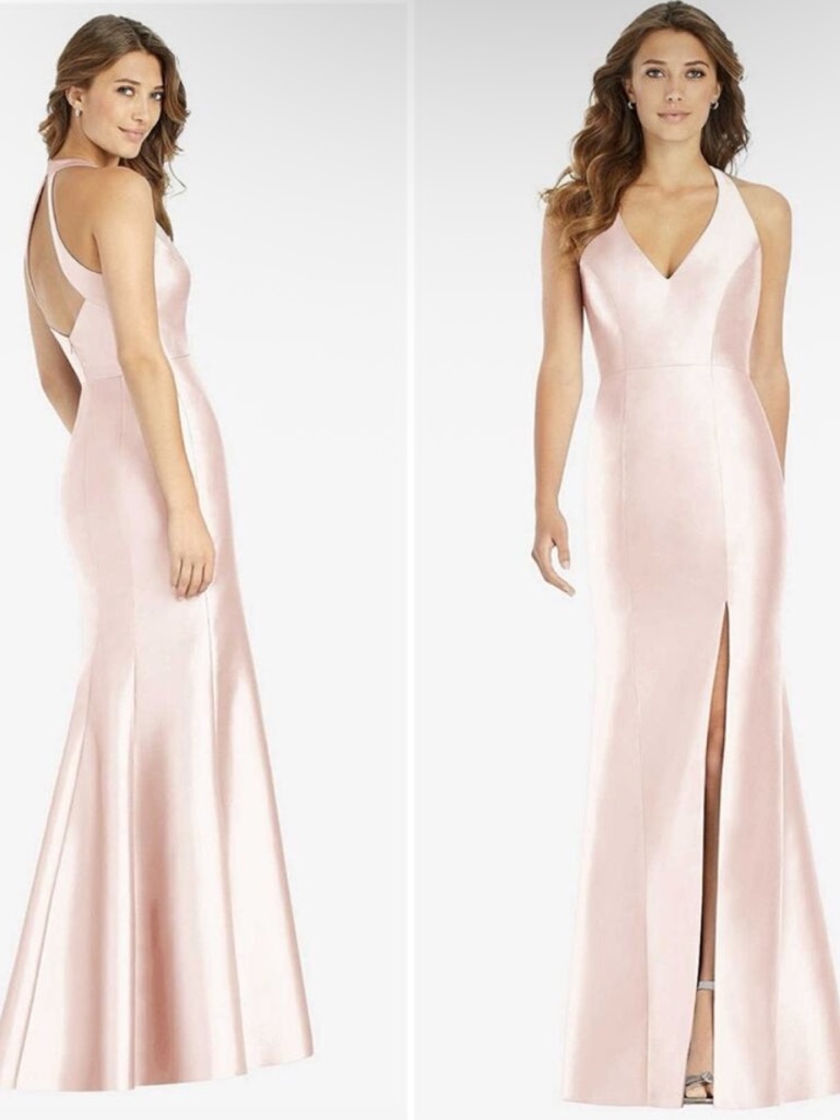Alfred Sung Blush Pink Satin V Neck Halter Gown Formal Bridesmaid Dress 2